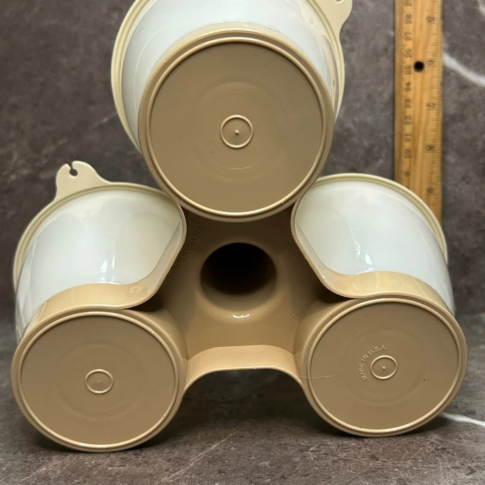 Vintage Tupperware Condiment Caddy 757-4 Almond White 3 Bowls Lids Handle Set